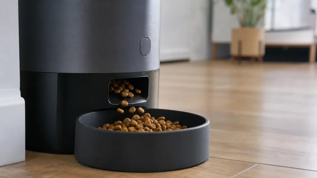 Close-up of dry dog food dispensing from an automatic feeder into a bowl