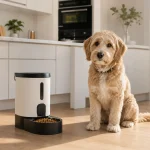 Automatic dog feeder in a clean kitchen with a calm dog waiting beside it