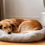 Calm dog curled up in a soft round bed in a quiet living room corner