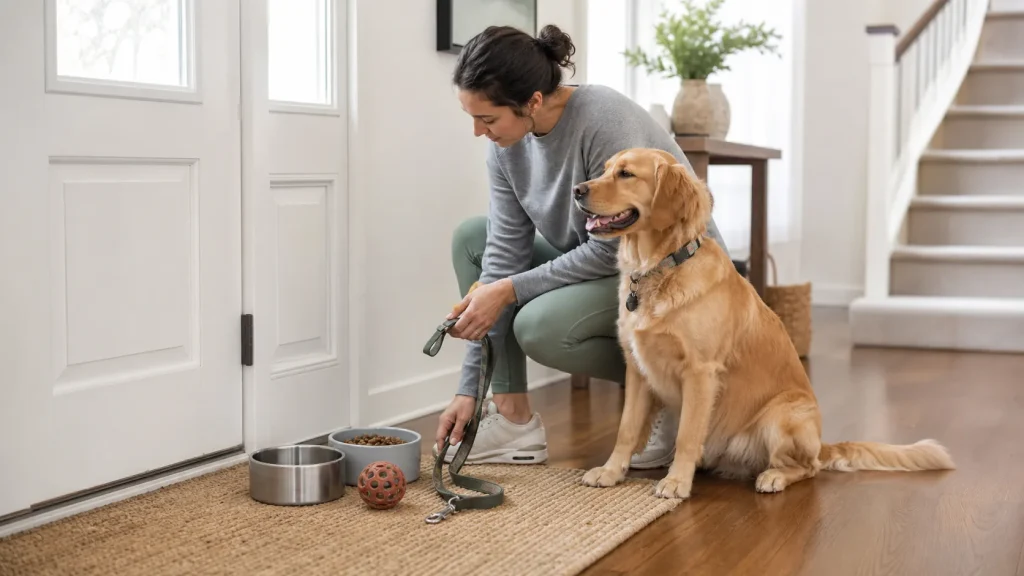 Dog owner preparing a morning routine with leash, food bowl, water bowl, and a calm golden retriever