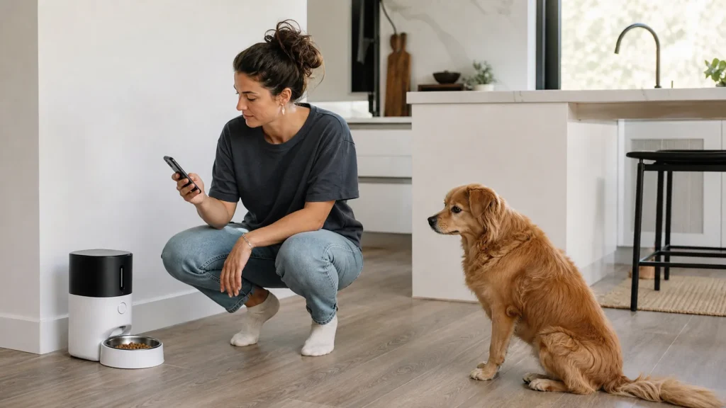 Dog owner checking a smartphone beside an automatic dog feeder while a dog sits calmly nearby