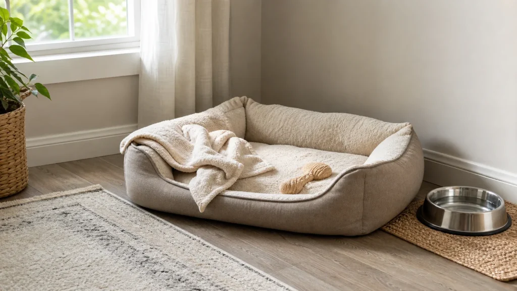 Comfortable dog bed in a calm home corner with a blanket, chew toy, and water bowl nearby