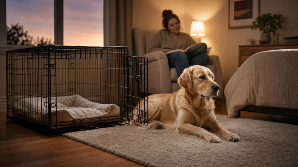 Adult dog calmly resting near an open crate during nighttime crate training