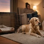 Adult dog calmly resting near an open crate during nighttime crate training