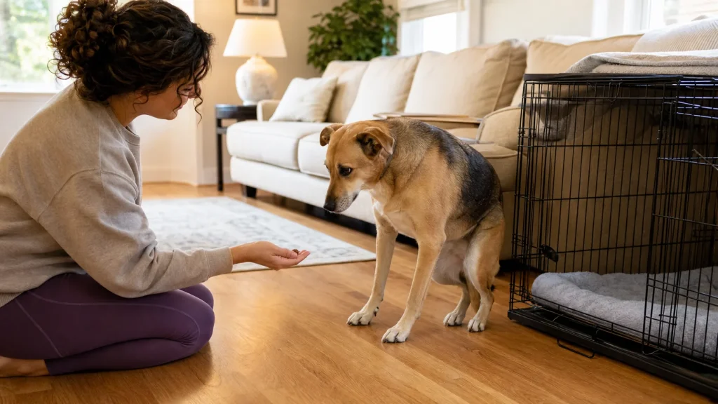 Adult dog hesitating near an open crate while the owner calmly offers treats