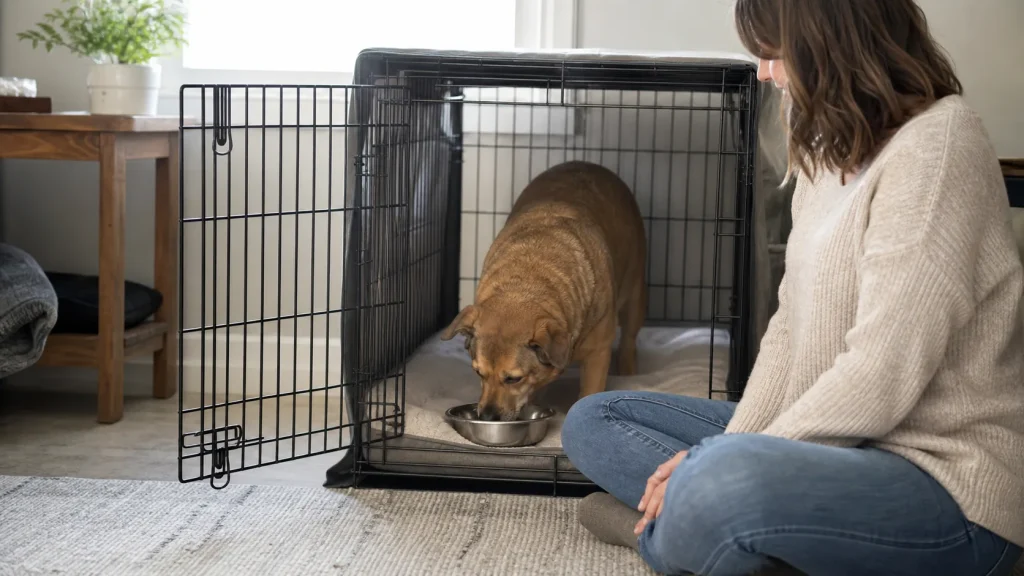 Adult dog eating a meal inside an open crate to build positive crate comfort