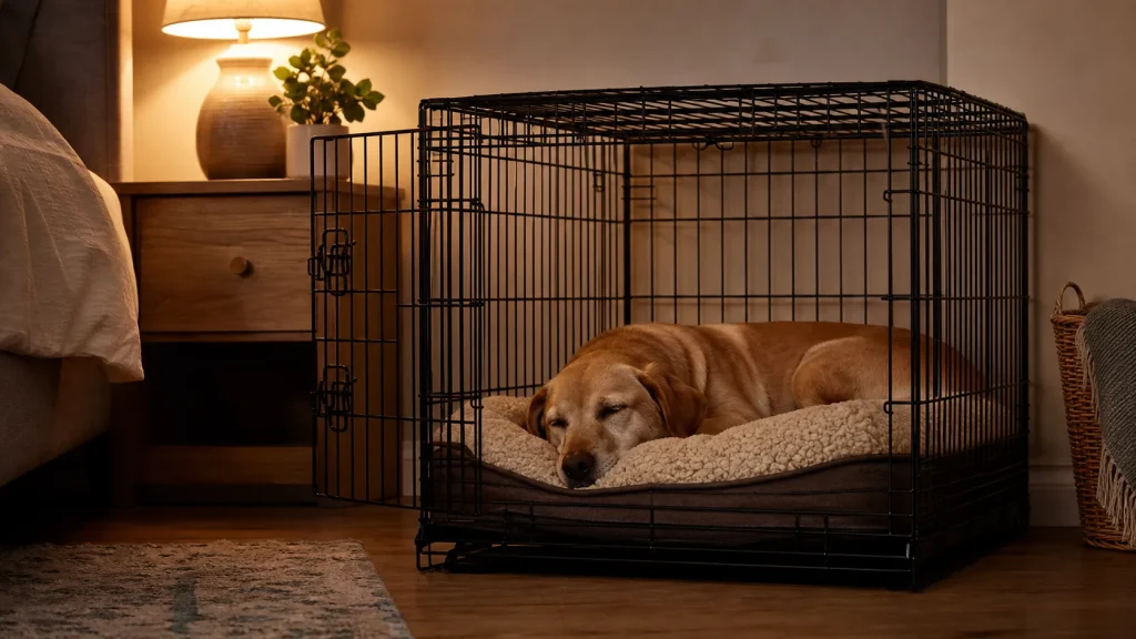 Adult dog sleeping calmly in a comfortable crate at night