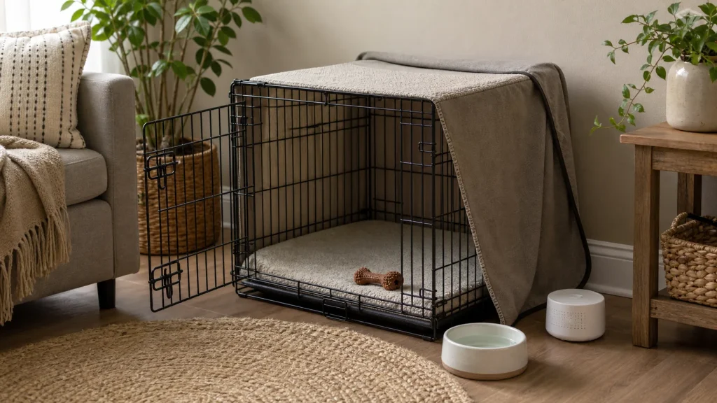 Crate training tools including a wire crate, washable mat, cover, chew toy, and white noise machine