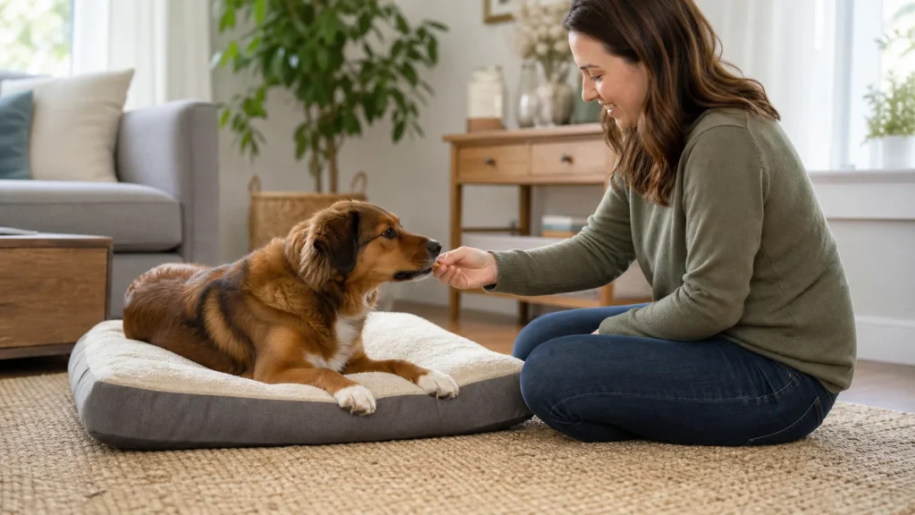 Dog owner rewarding a dog for lying on its bed during positive reinforcement training