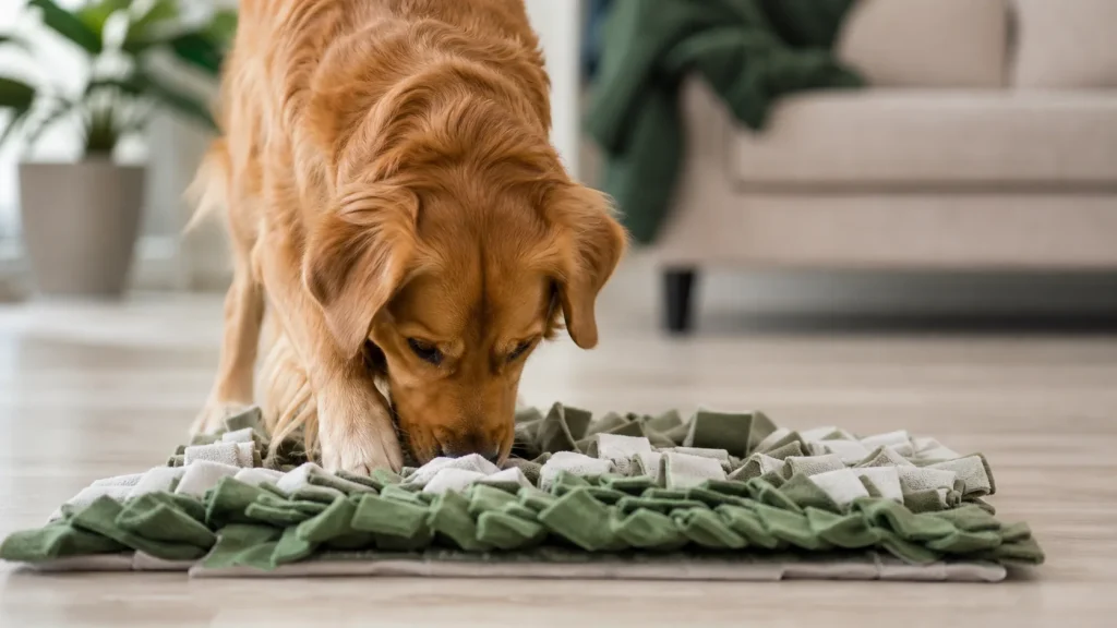 Dog using a green snuffle mat for food enrichment in a living room