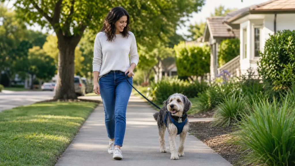 Owner walking a new dog with secure leash, harness, and ID tag