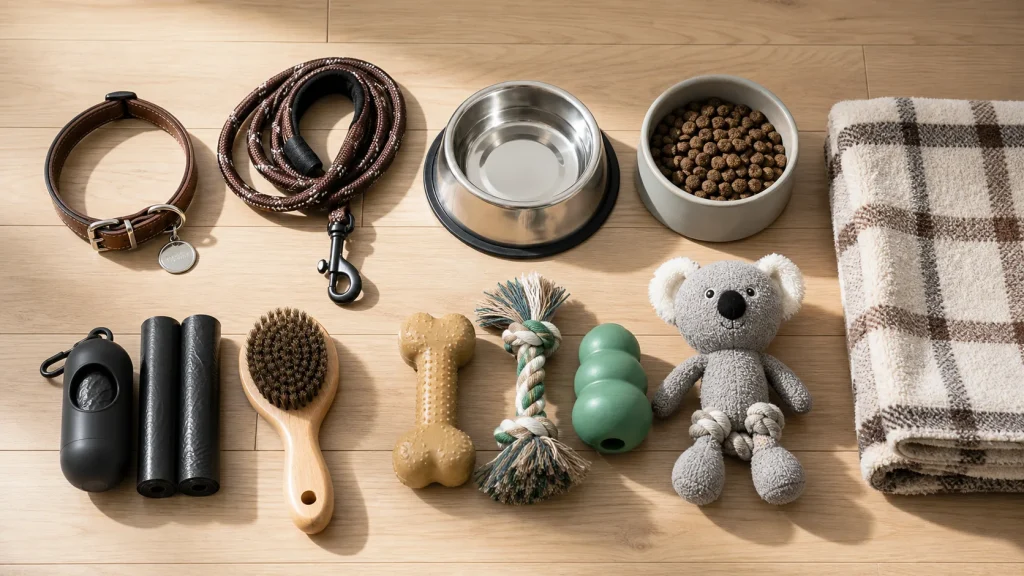 Organized dog gear checklist with leash, bowls, ID tag, toys, and cleaning supplies