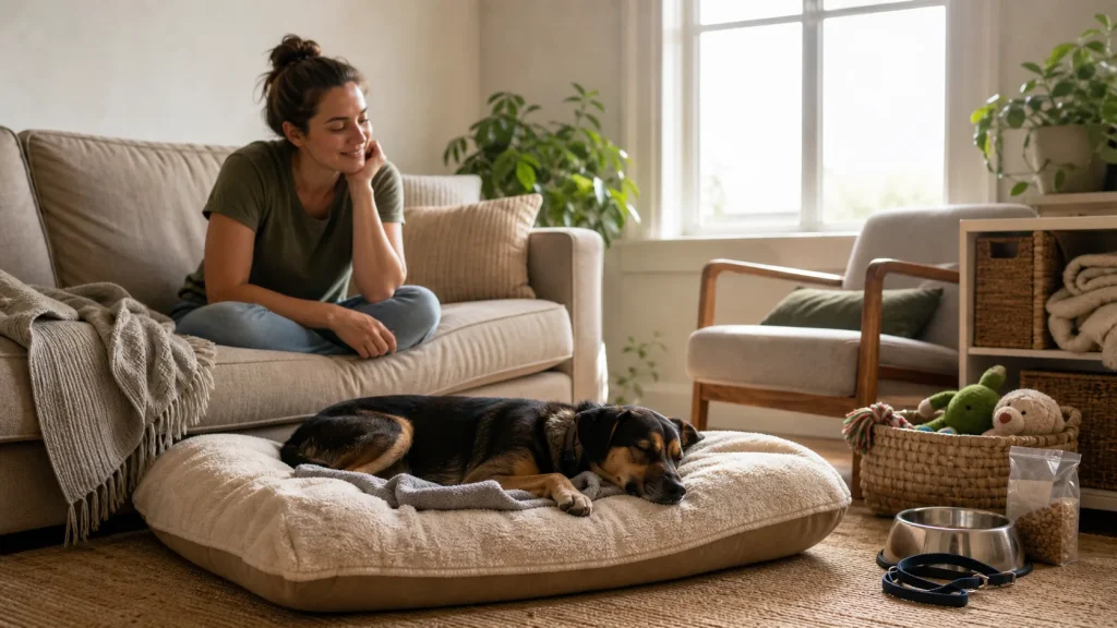 Calm new dog relaxing at home with owner during the first week