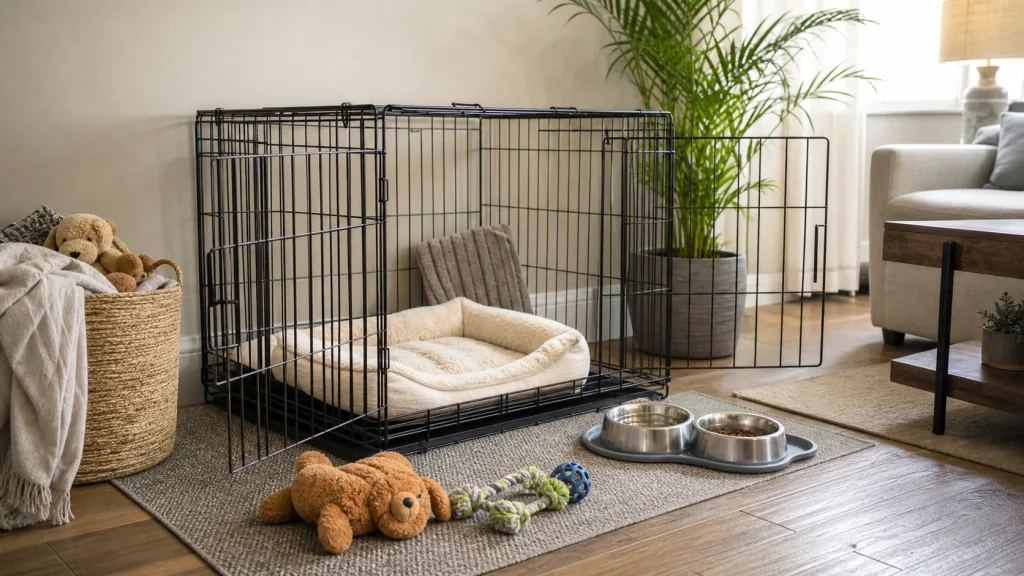 New dog home base with crate, bowls, bedding, and safe chew toys