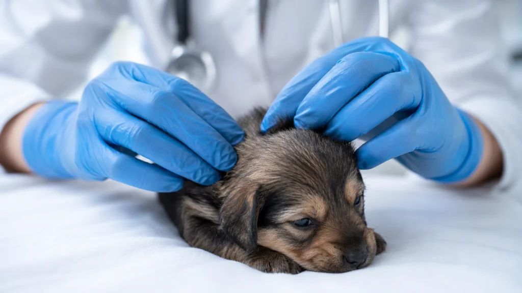 Veterinarian gently examining a young puppy's fur with blue gloves on a white veterinary blanket