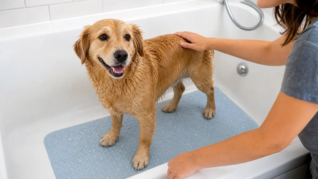 Dog standing safely on a non-slip bath mat during grooming