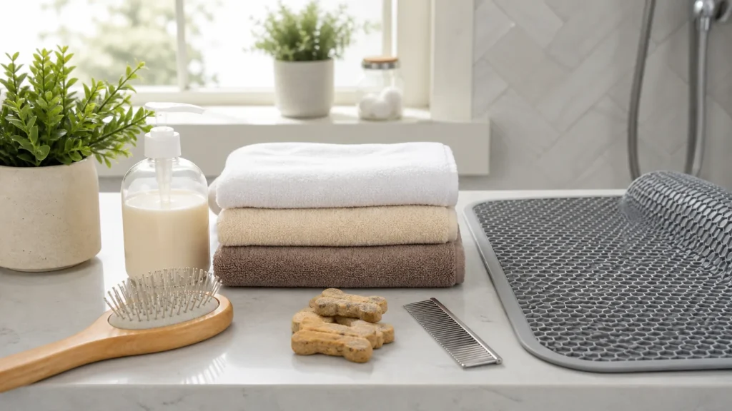 Dog grooming supplies including shampoo, towels, brush, and non-slip mat