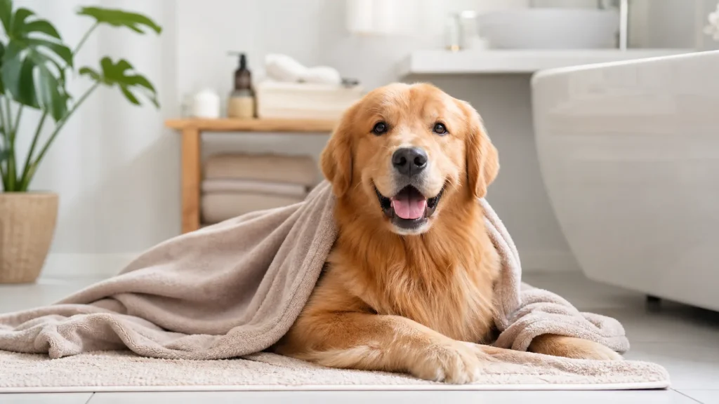 Clean dry dog relaxing after a gentle grooming session