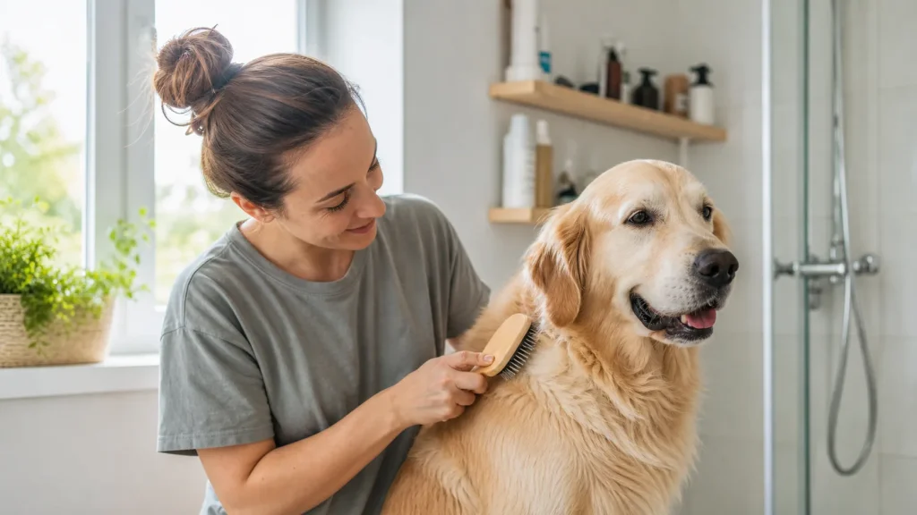 Owner brushing a dog before bath time to remove loose coat and tangles