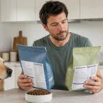 Dog owner comparing dog food labels in a bright kitchen