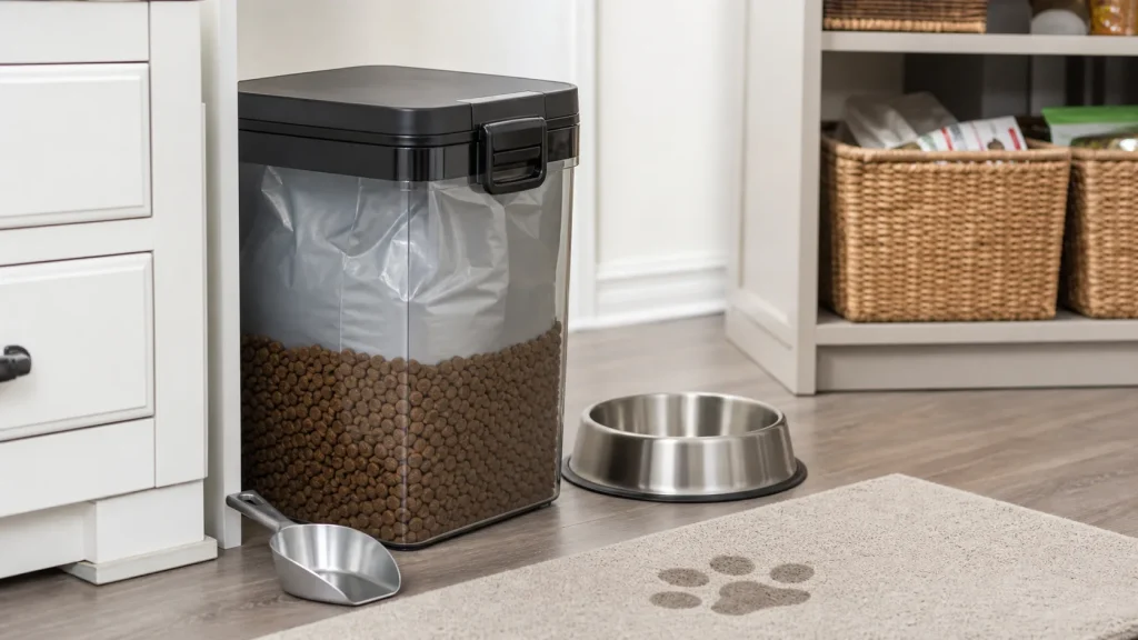Organized dog food storage container with original bag and feeding scoop