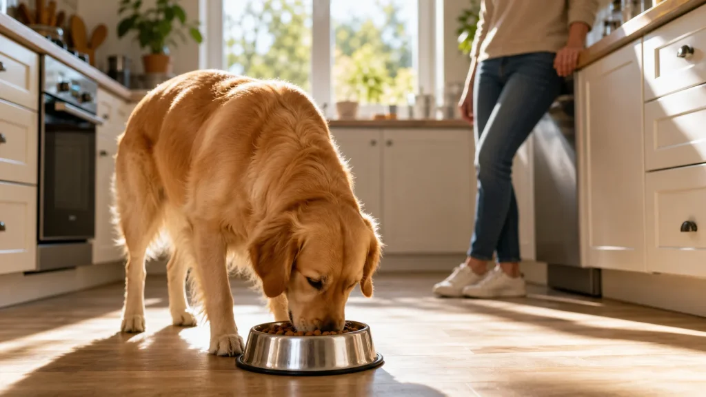 Healthy dog eating from a bowl in a clean kitchen