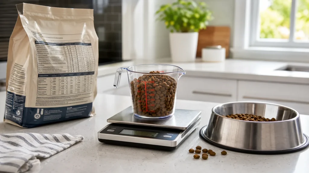 Dog owner measuring dog food with a kitchen scale for accurate feeding