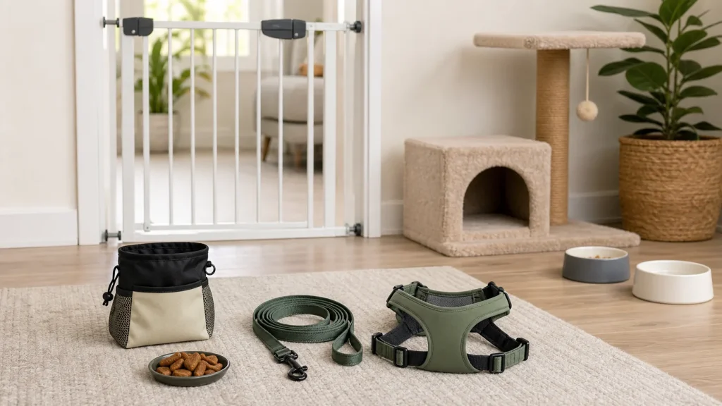 Dog and cat introduction tools including baby gate, leash, treats, and cat perch