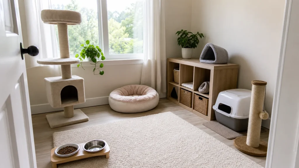 Cat safe room setup with litter box, perch, bed, food, and water before meeting a dog