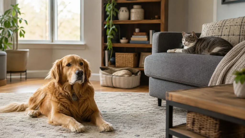 Dog and cat calmly sharing a room with comfortable space between them