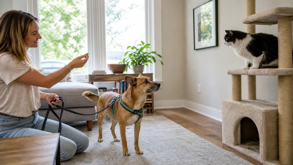 Leashed dog calmly looking at a cat from a safe distance while owner rewards calm behavior