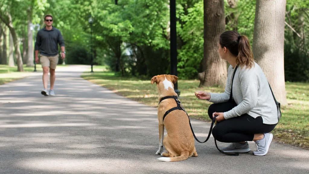 Dog owner training a dog to stay calm around strangers at a safe distance