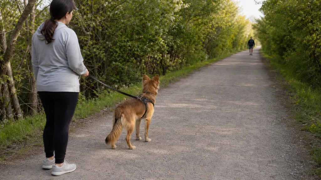 Dog alert to a stranger at a distance while the owner calmly creates space