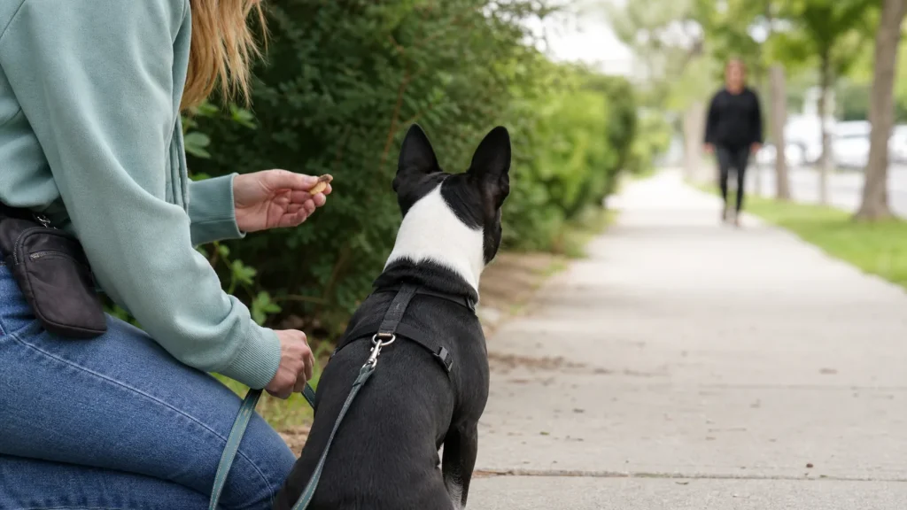 Dog calmly looking at a distant stranger while the owner rewards with a treat