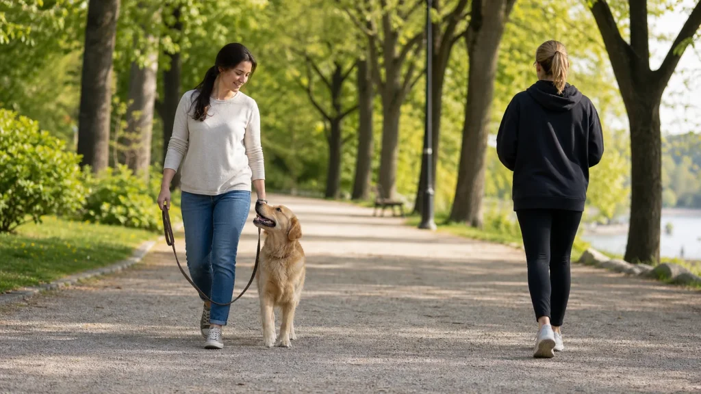 Dog calmly walking past a stranger at a comfortable distance with owner