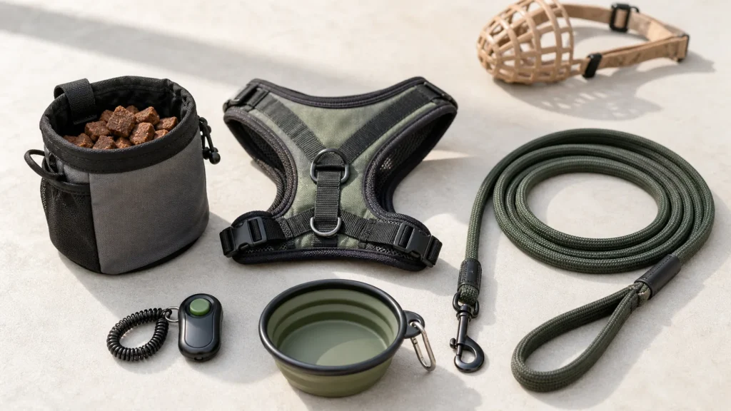 Humane tools for barking on walks including treats, harness, leash, and clicker