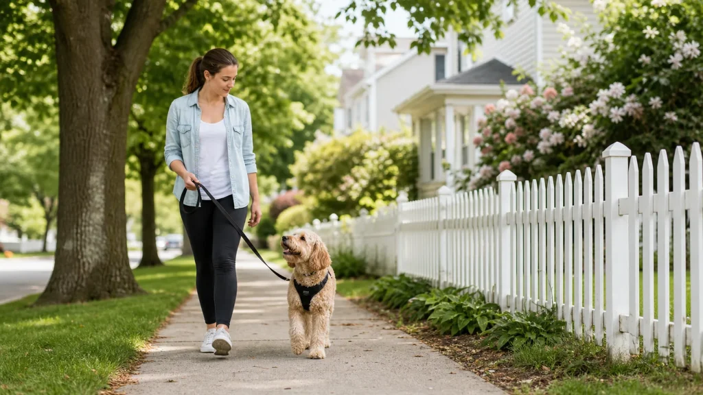 Dog owner practicing loose leash walking with a relaxed dog on a quiet sidewalk