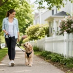 Dog owner practicing loose leash walking with a relaxed dog on a quiet sidewalk