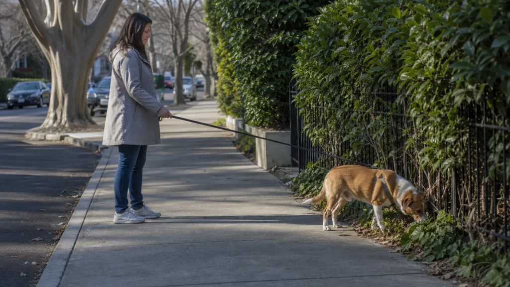 Dog reaching the end of a leash toward a scent while the owner stays calm