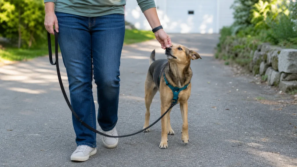 Dog owner rewarding a dog beside their leg for loose leash walking