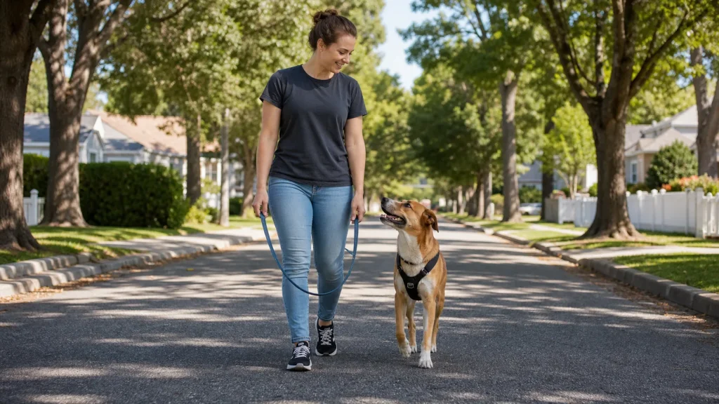 Relaxed dog and owner walking together with a loose leash