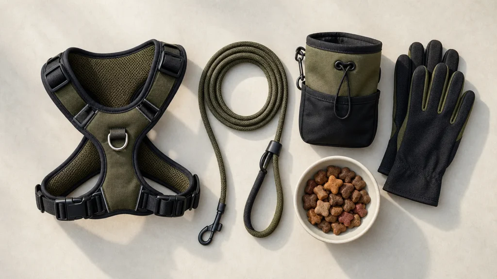 Loose leash walking tools including a harness, leash, treat pouch, treats, and gloves