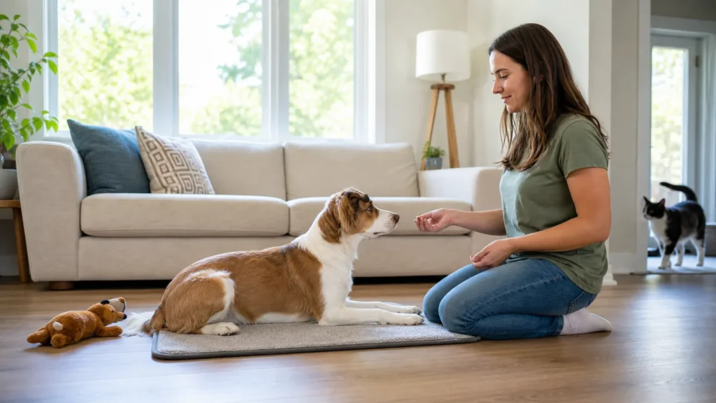 Dog owner teaching a calm dog to stay on a mat with mild distractions nearby