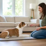 Dog owner teaching a calm dog to stay on a mat with mild distractions nearby