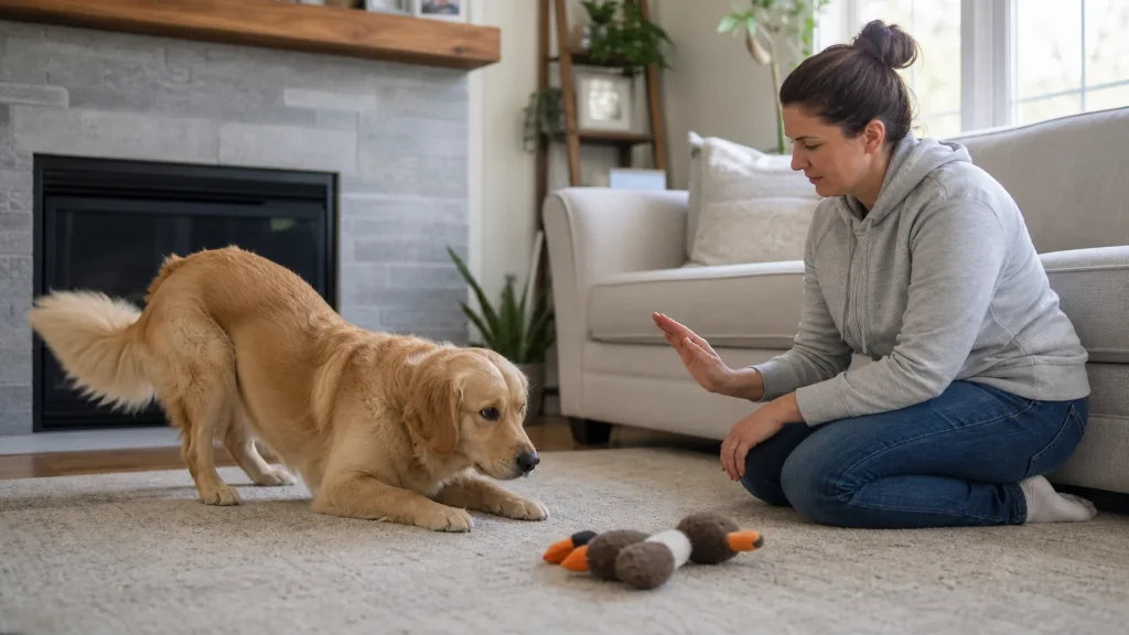 Dog starting to break a stay near a toy while the owner calmly resets training