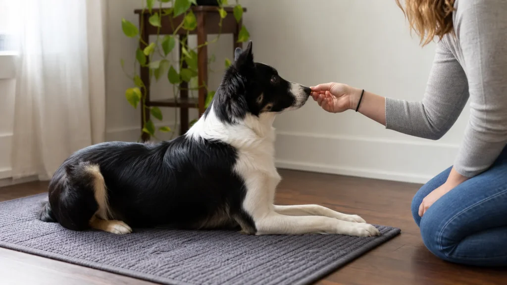 Dog holding a stay on a mat while the owner rewards in position