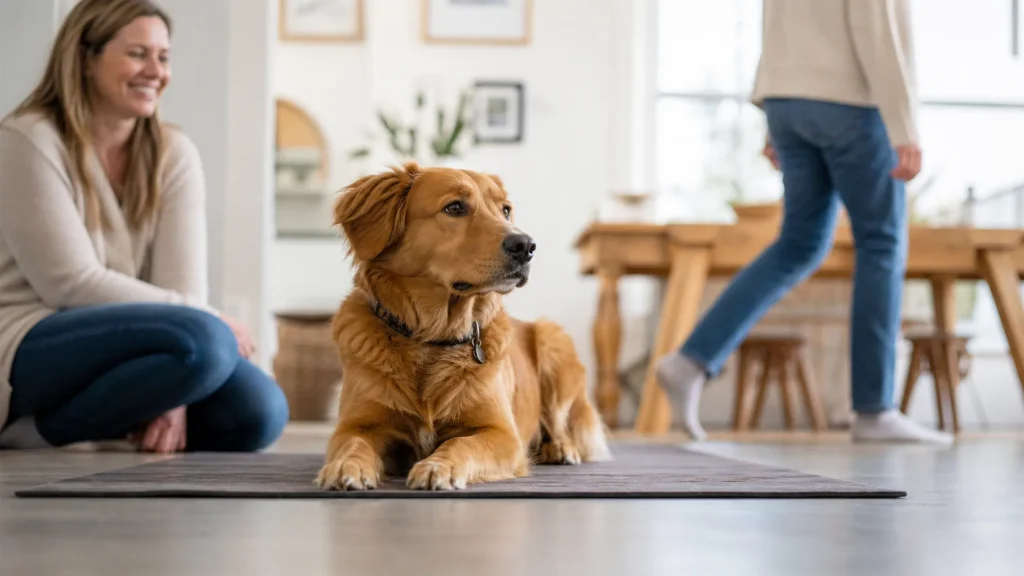 Dog calmly holding a stay on a mat while a person walks by in the background