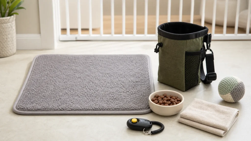 Stay training tools including a mat, clicker, treat pouch, treats, toy, and baby gate