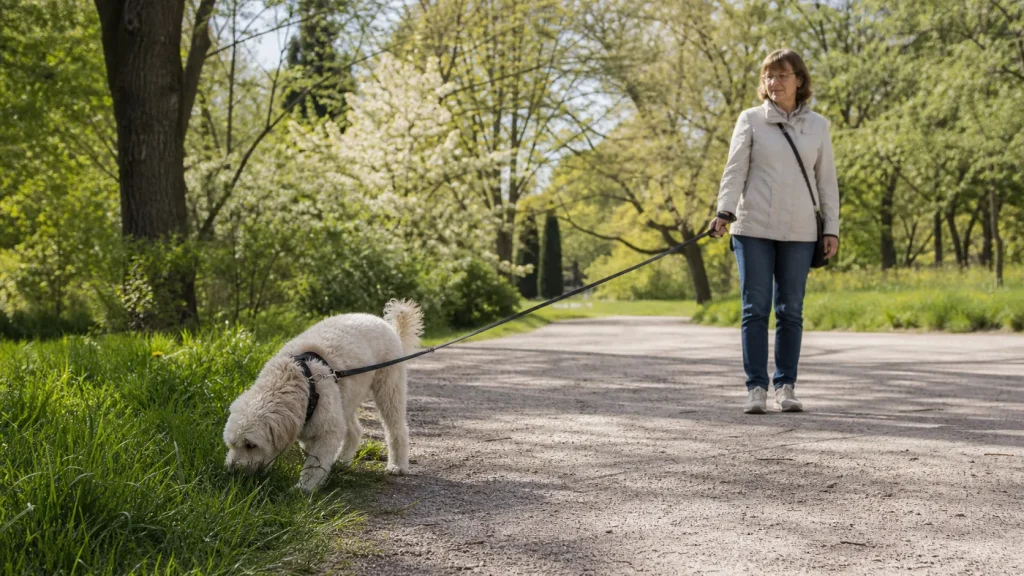 Dog distracted by a scent during recall practice while the owner waits calmly