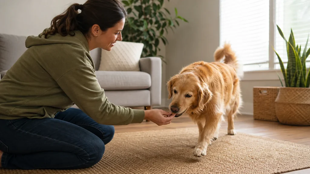Dog owner rewarding a dog indoors after it comes when called